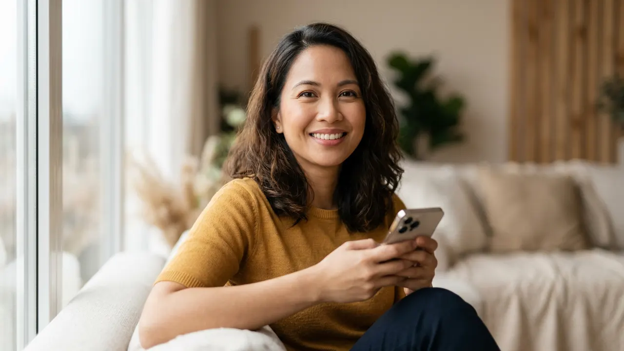 A smiling Filipina agent working from her phone at home